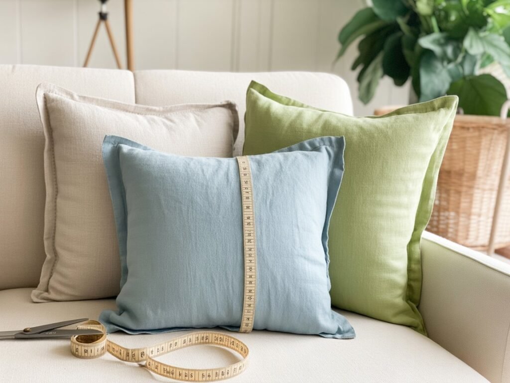 Light blue and green linen-look pillows on a cream sofa