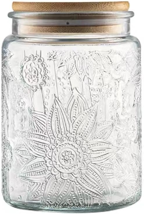 Vintage-style glass jar with floral embossing and bamboo lid