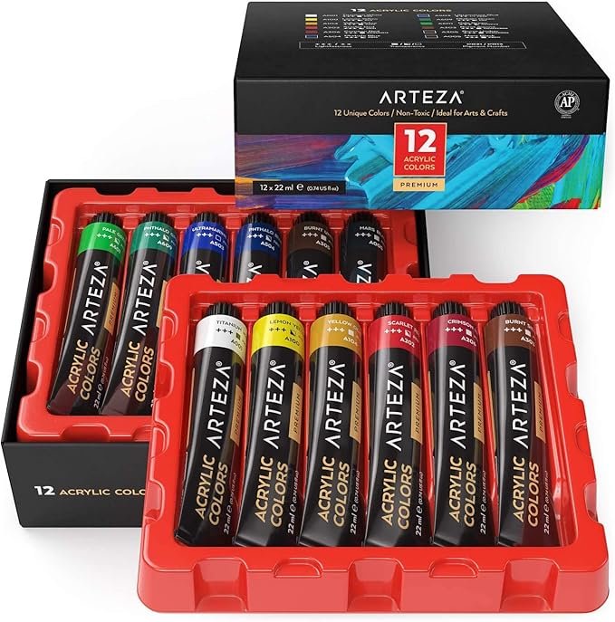 Box of ARTEZA acrylic paint tubes in various colors