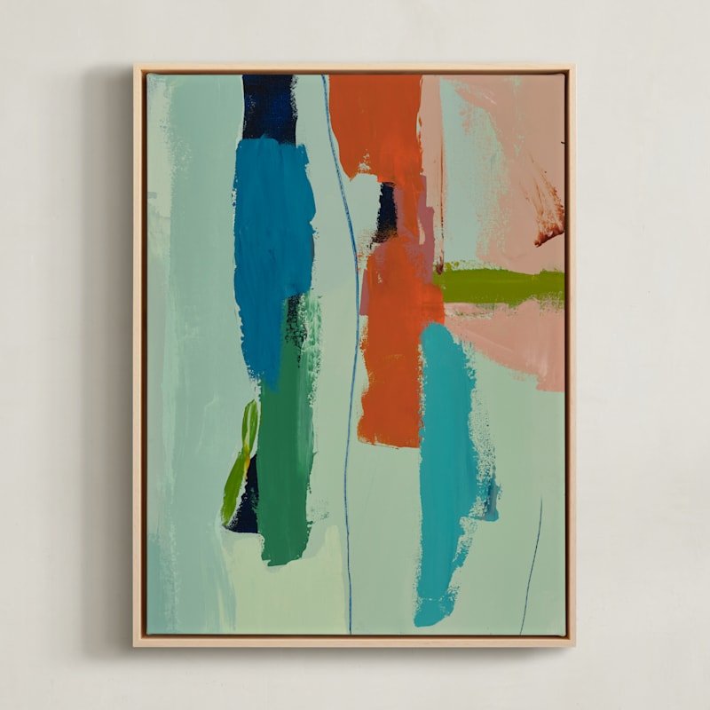 Framed abstract painting with vibrant modern brushstrokes.