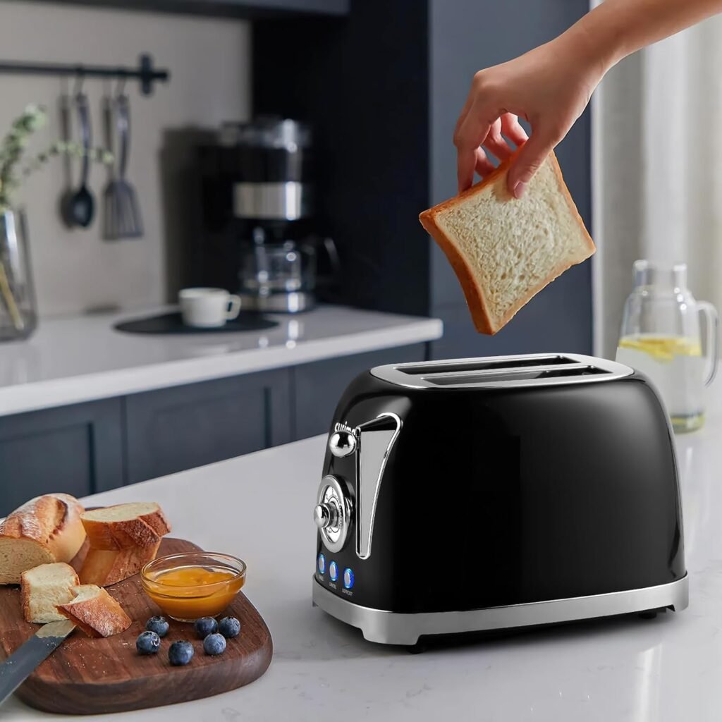 Compact stainless toaster with wide slots for bagels or toast