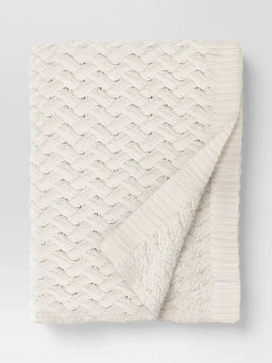 Ivory chunky chenille throw blanket with soft texture
