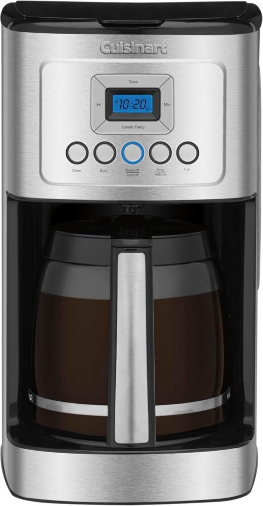 Stainless steel drip coffee maker with a glass carafe