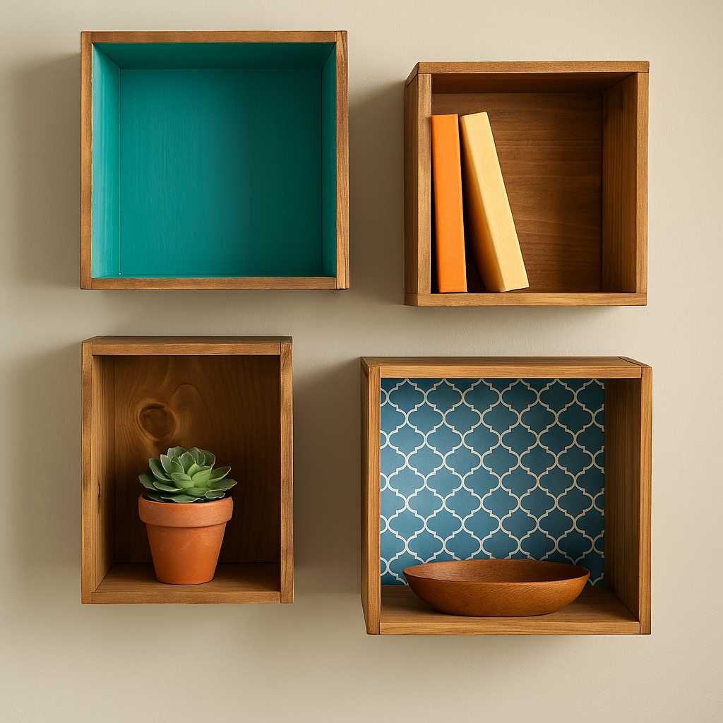Stack of DIY wooden crate shelves with décor items
