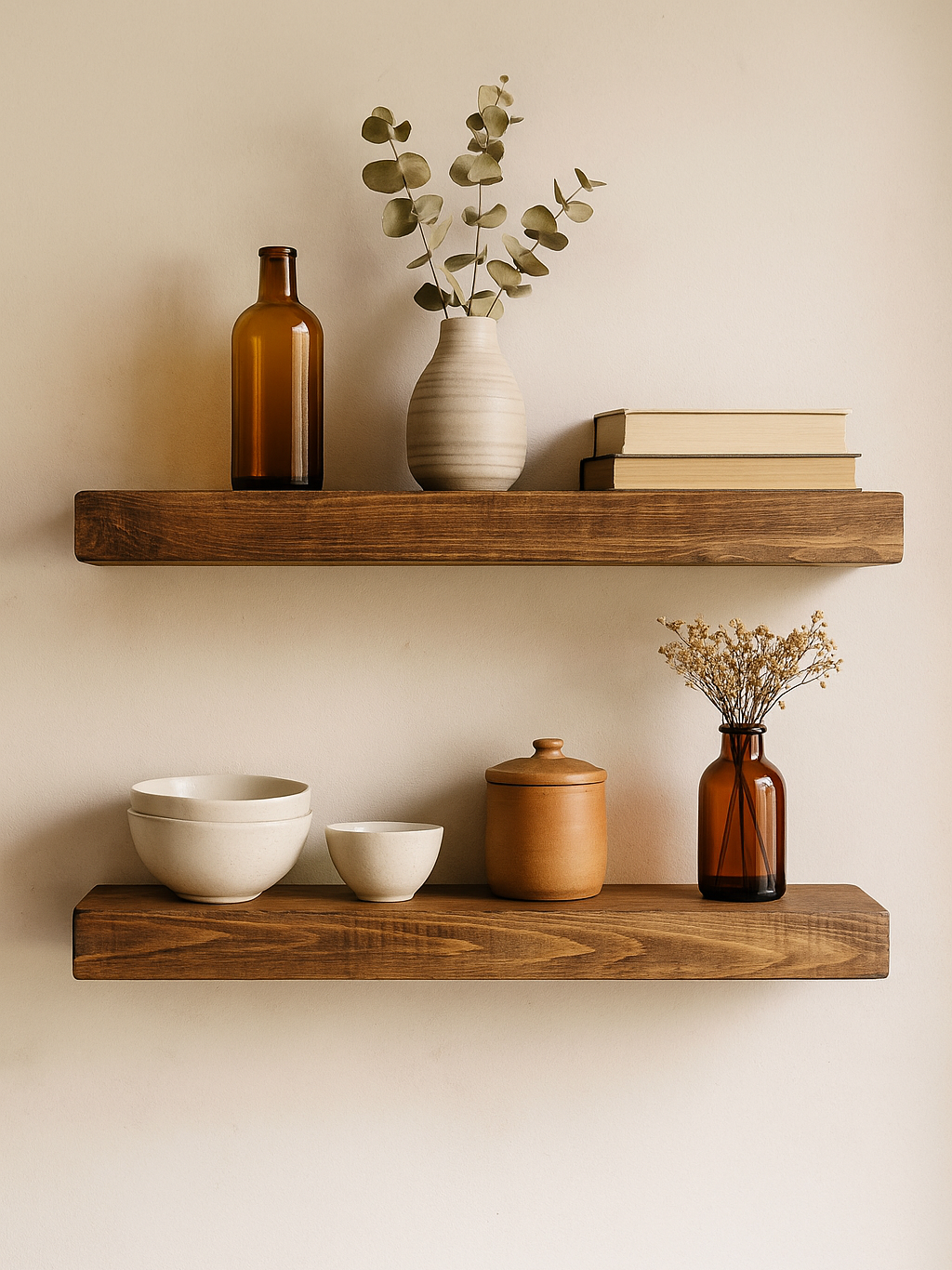 Rustic floating wood shelves with minimalistic décor