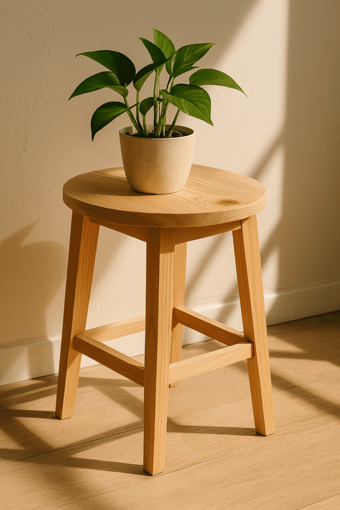 Wooden plant stand holding a potted plant