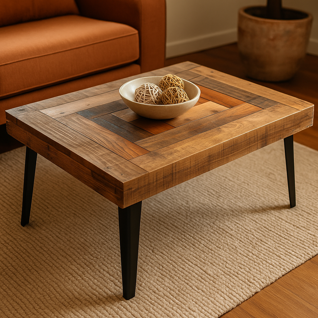 DIY pallet coffee table with black metal legs in a cozy room