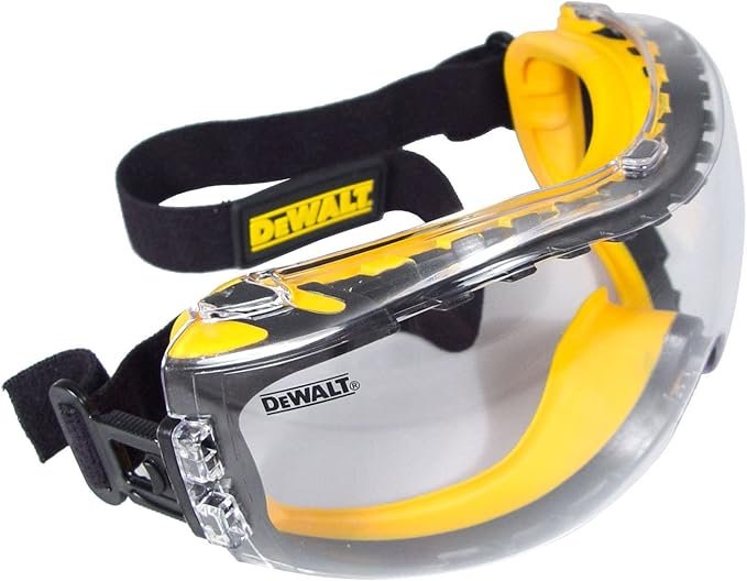 Clear DEWALT anti-fog safety goggles with black strap