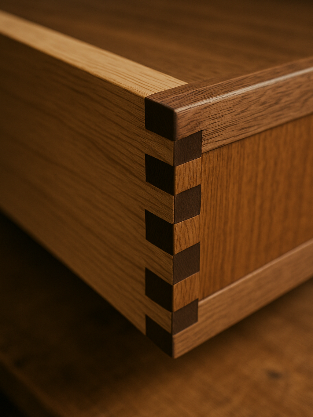 Close-up of dovetail joint on wooden furniture