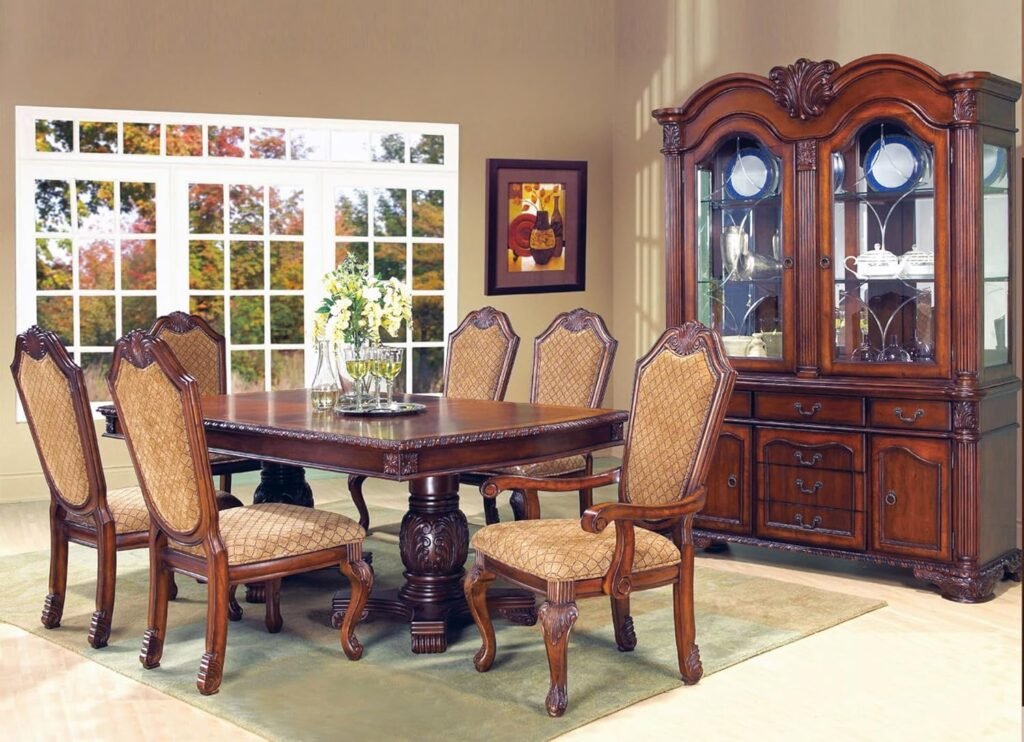 Classic cherry wood dining set with hutch and six upholstered chairs