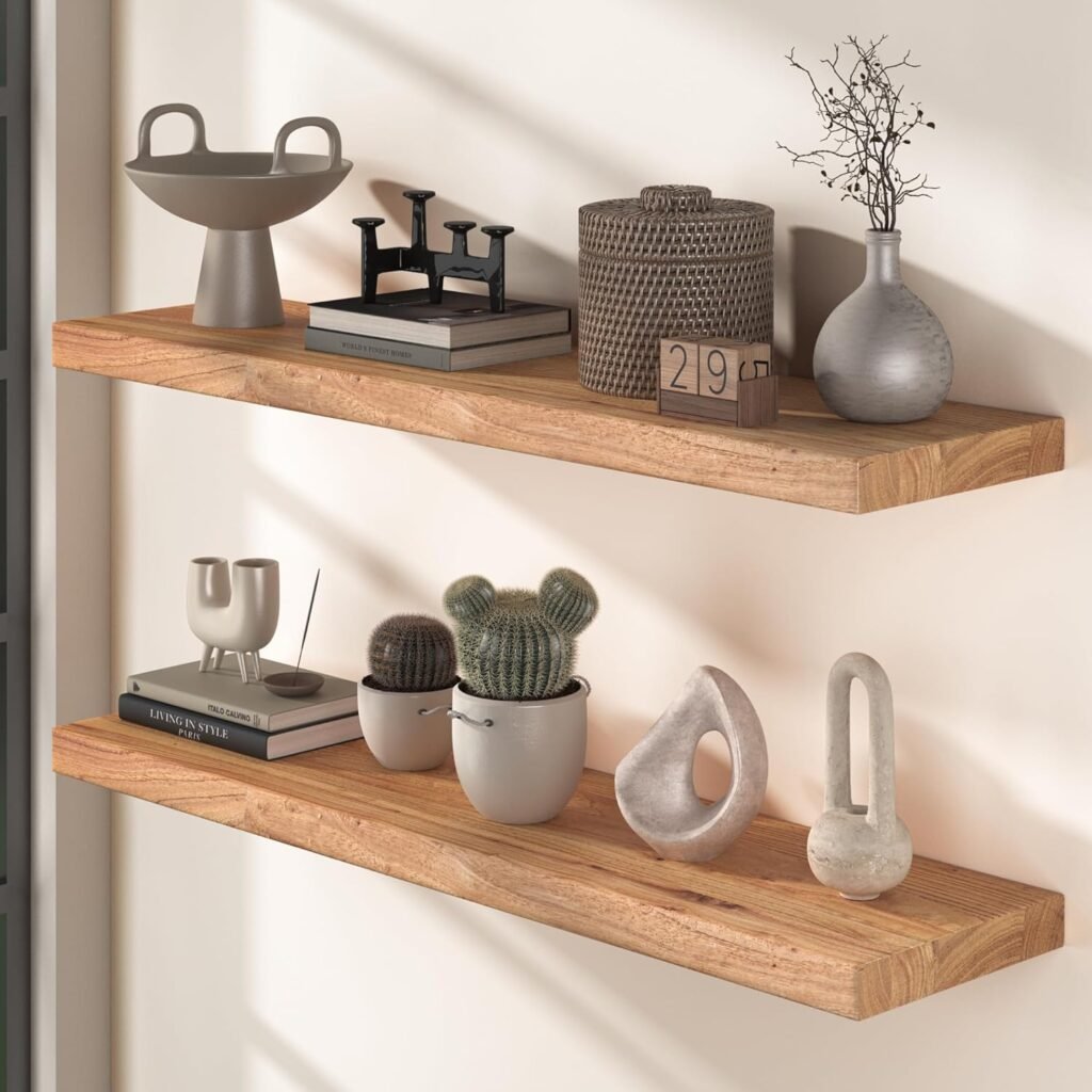 Wooden floating shelves with kitchen decor and mugs