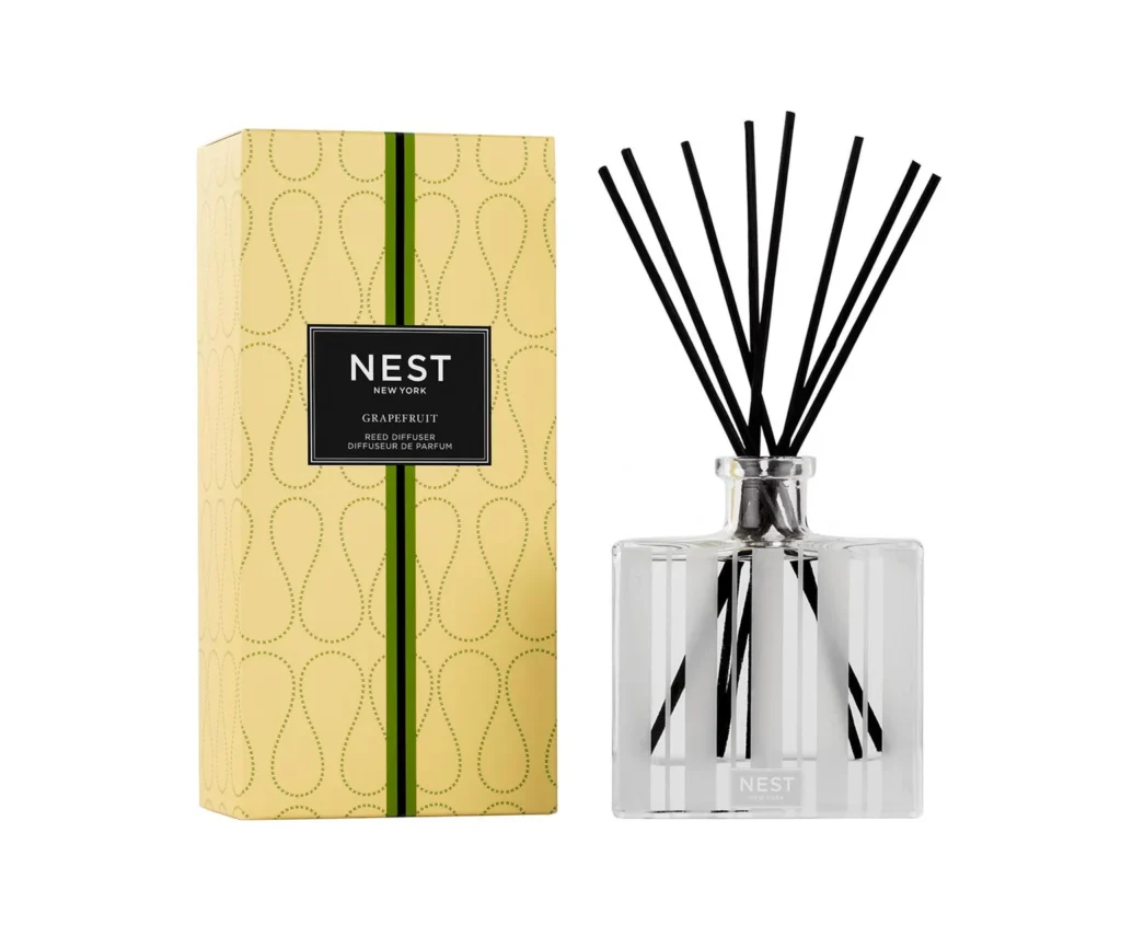 Reed diffuser with bright yellow packaging