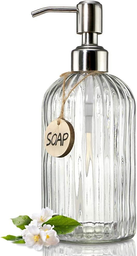 Clear glass soap dispenser with stainless steel pump top