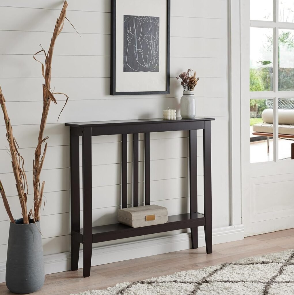 Entryway console table with black legs and wood-tone top