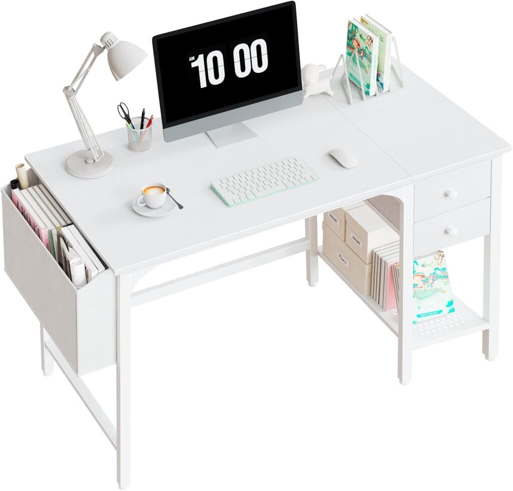 White plywood desk with compact drawers and metal legs
