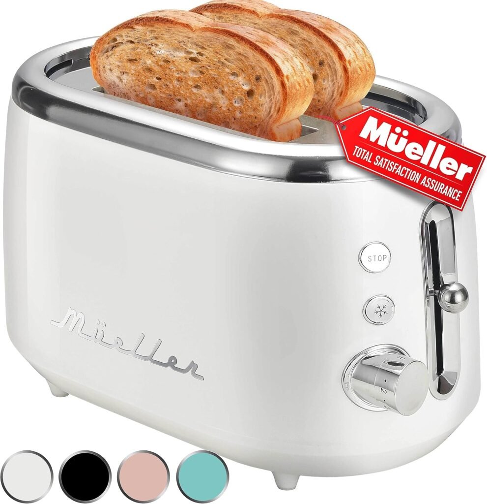 White retro-style toaster with wide slots and toast popping up