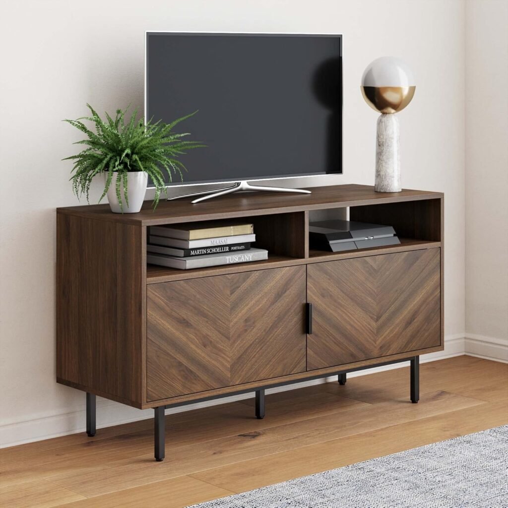 Modern MDF media console with wood veneer finish