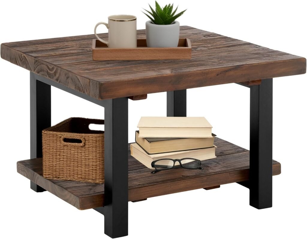 Rustic pine wood coffee table with shelf and metal legs