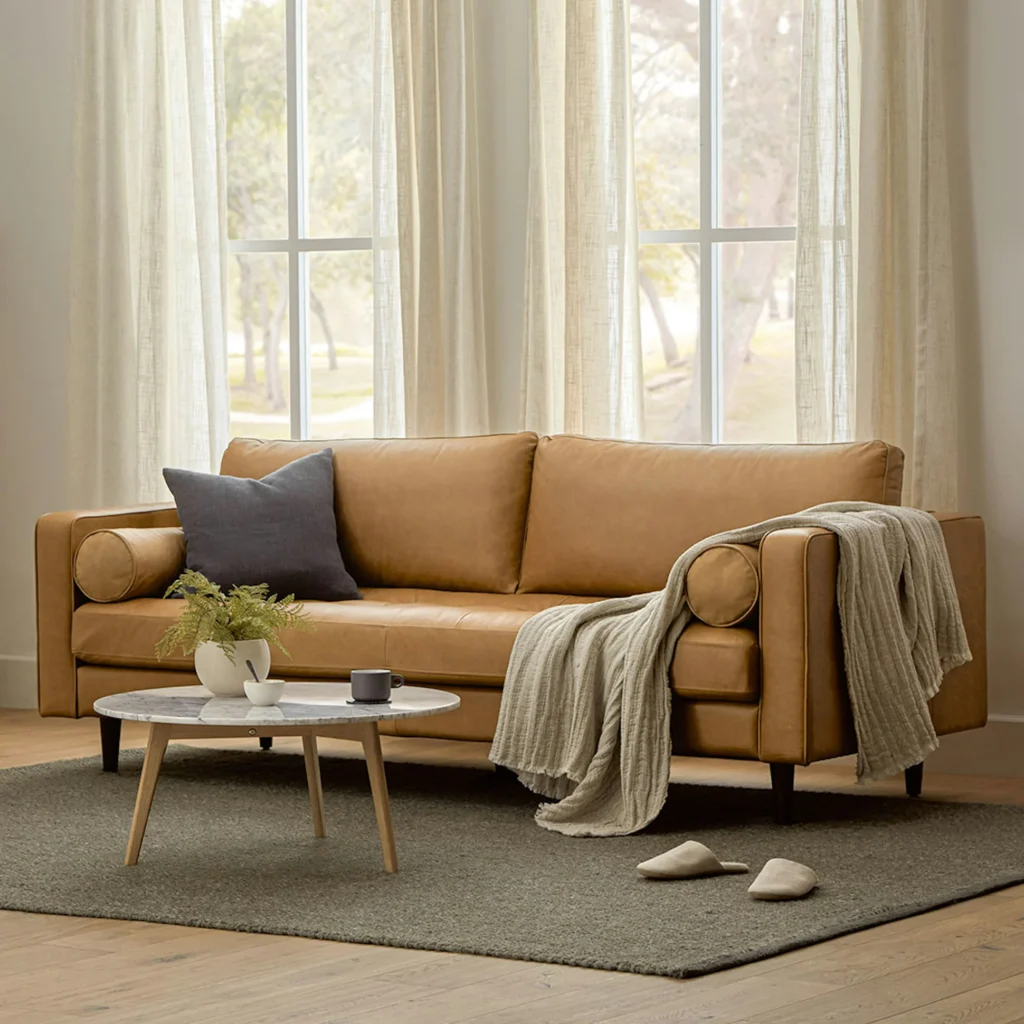 Tan leather tufted sofa styled with throw and pillows.