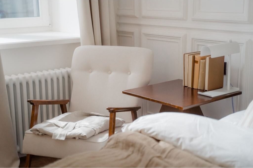 Cozy bedroom with unfinished pine platform bed