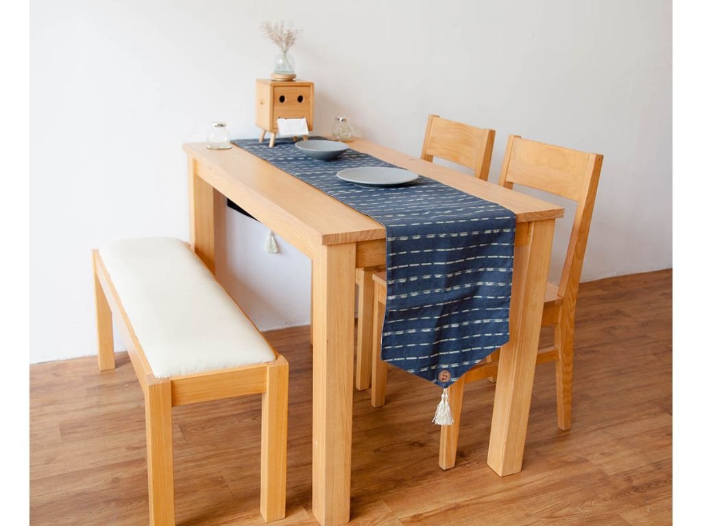 Simple dining table set with chairs and bench in wood finish