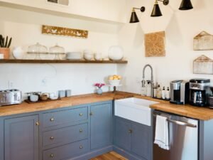 Farmhouse-style kitchen with a coffee prep station