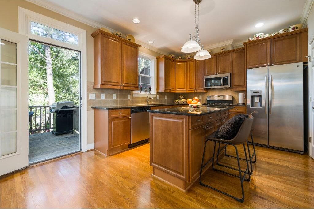 Wooden built-in cabinets in kitchen dining area