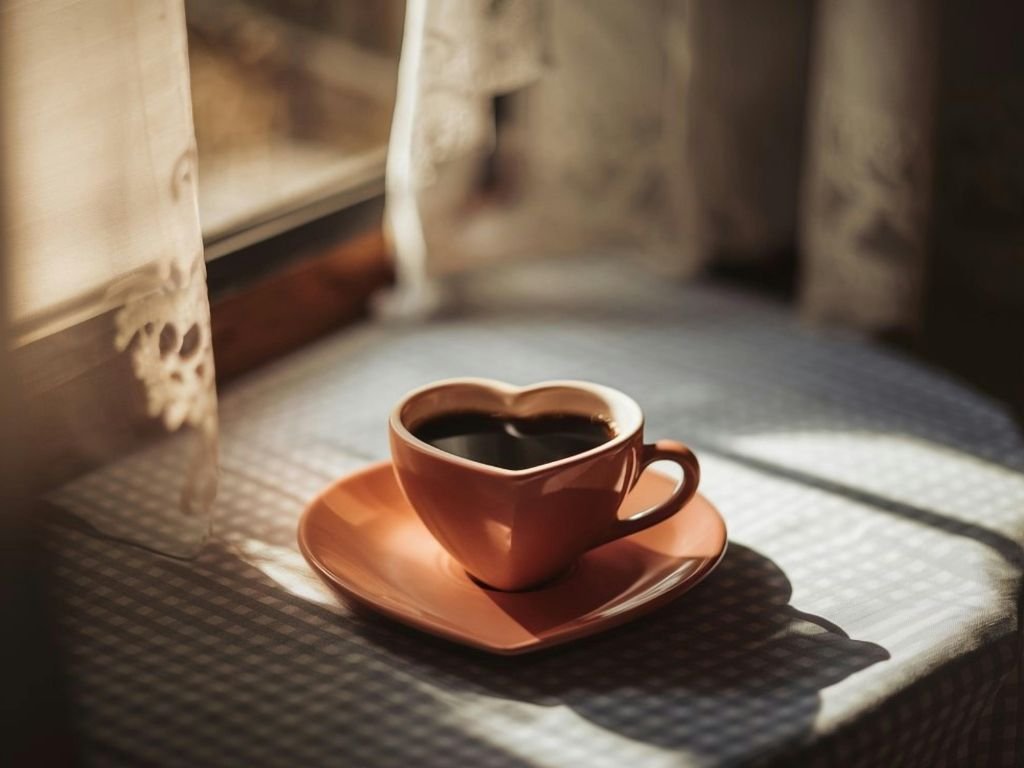 A heart-shaped latte in a ceramic cup by a sunny window