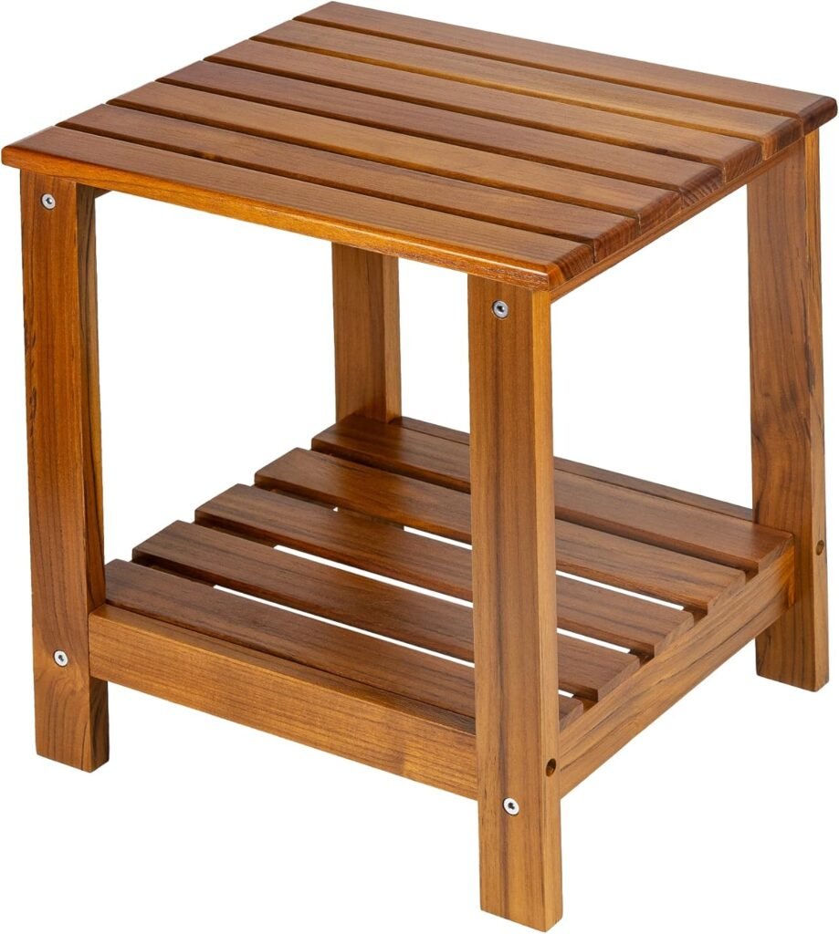 Solid teak outdoor side table with slatted shelf