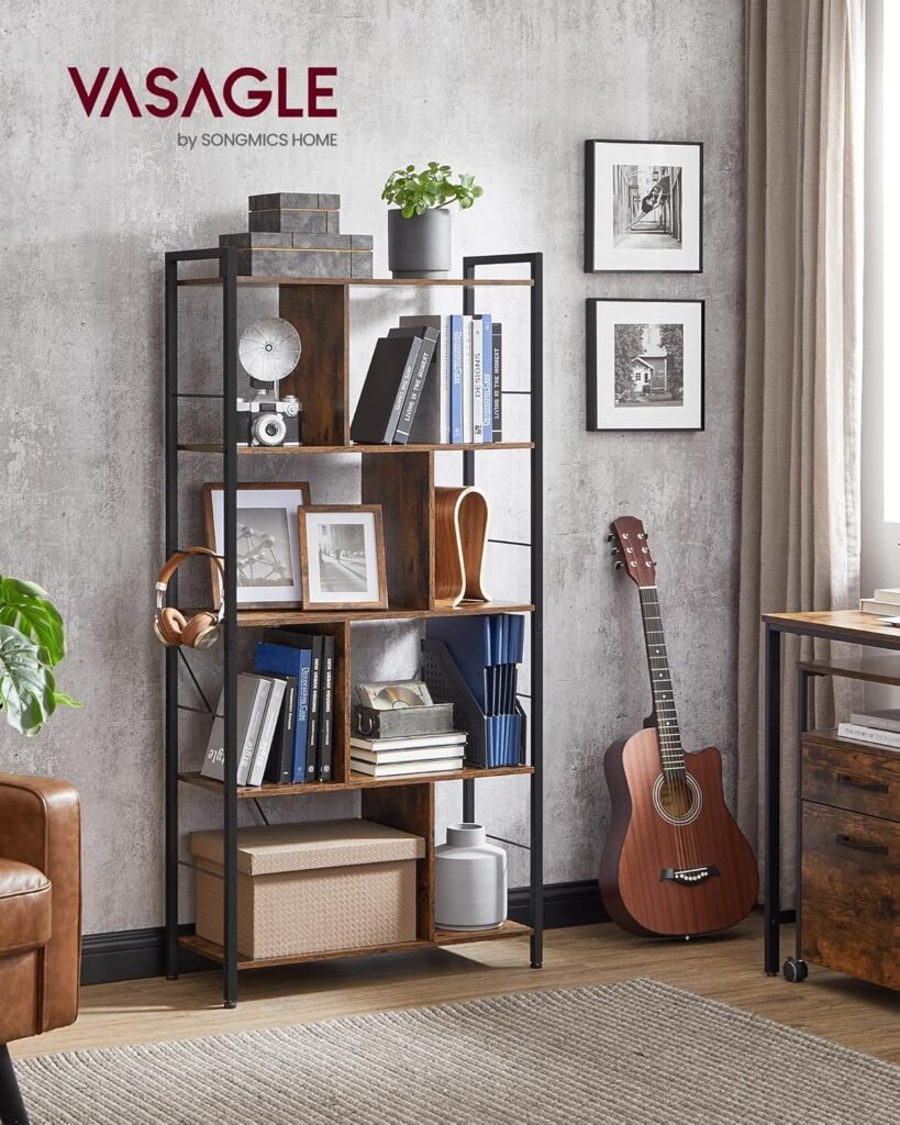 Tall particleboard bookshelf with a laminate wood finish and five shelves