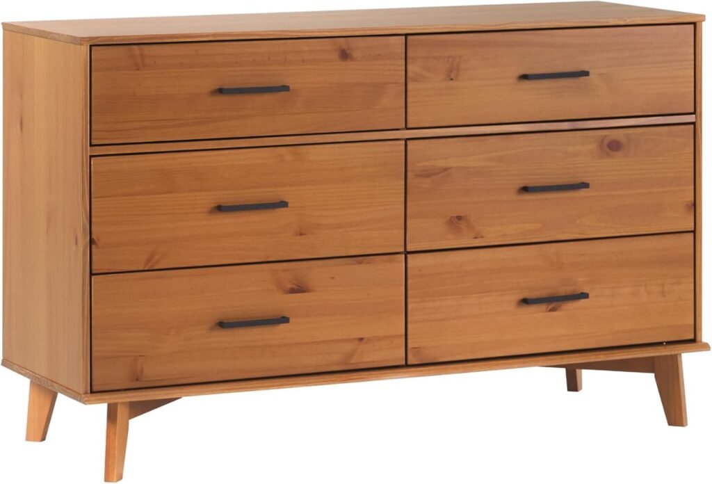 Solid wood dresser with six drawers and metal handles