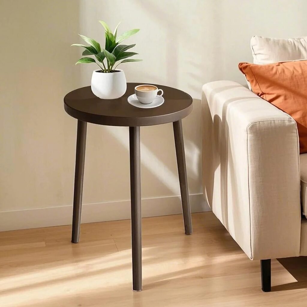 Compact walnut-finish rubberwood side table beside a sofa
