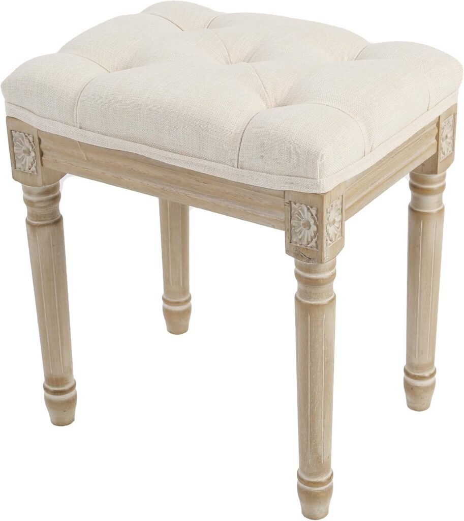 Vanity stool with upholstered seat and carved pine wood legs