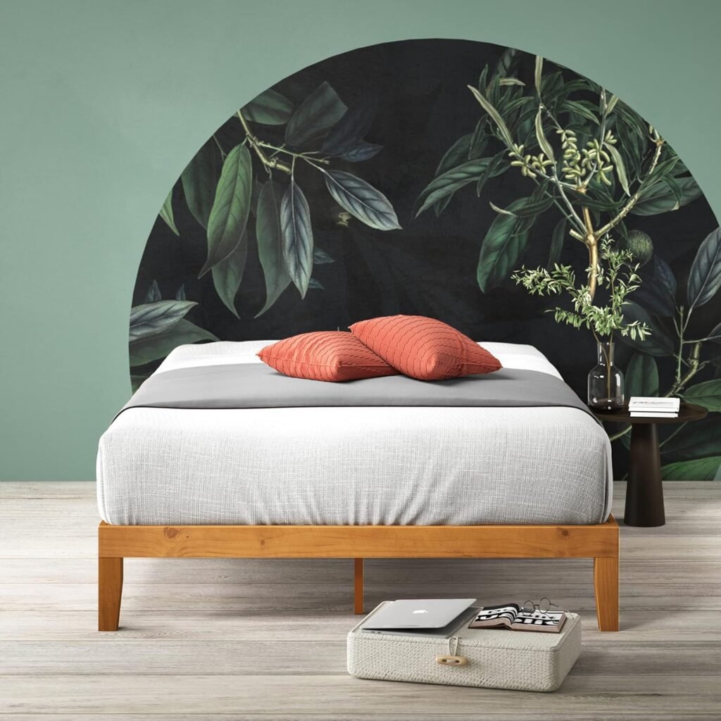Minimalist wooden platform bed with solid pine frame and white bedding
