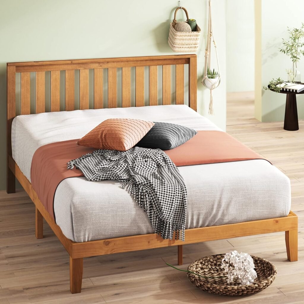 Minimalist pine wood platform bed with slatted headboard