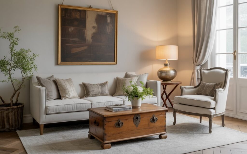 Living room with modern sofa and vintage coffee table.