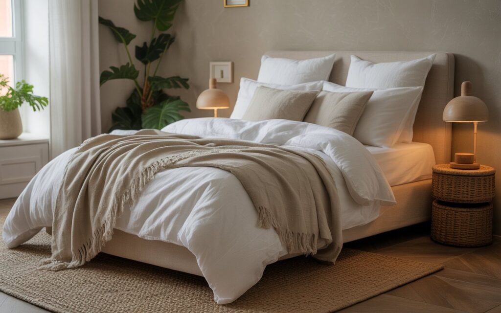 Beautifully Styled Layered Bed A photograph of a meticulously styled bed with layered pillows