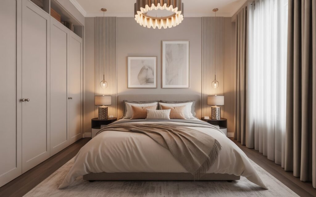 Affordable High-End Bedroom Design Elegant bedroom with statement lighting and luxury bedding, styled for affordable elegance.