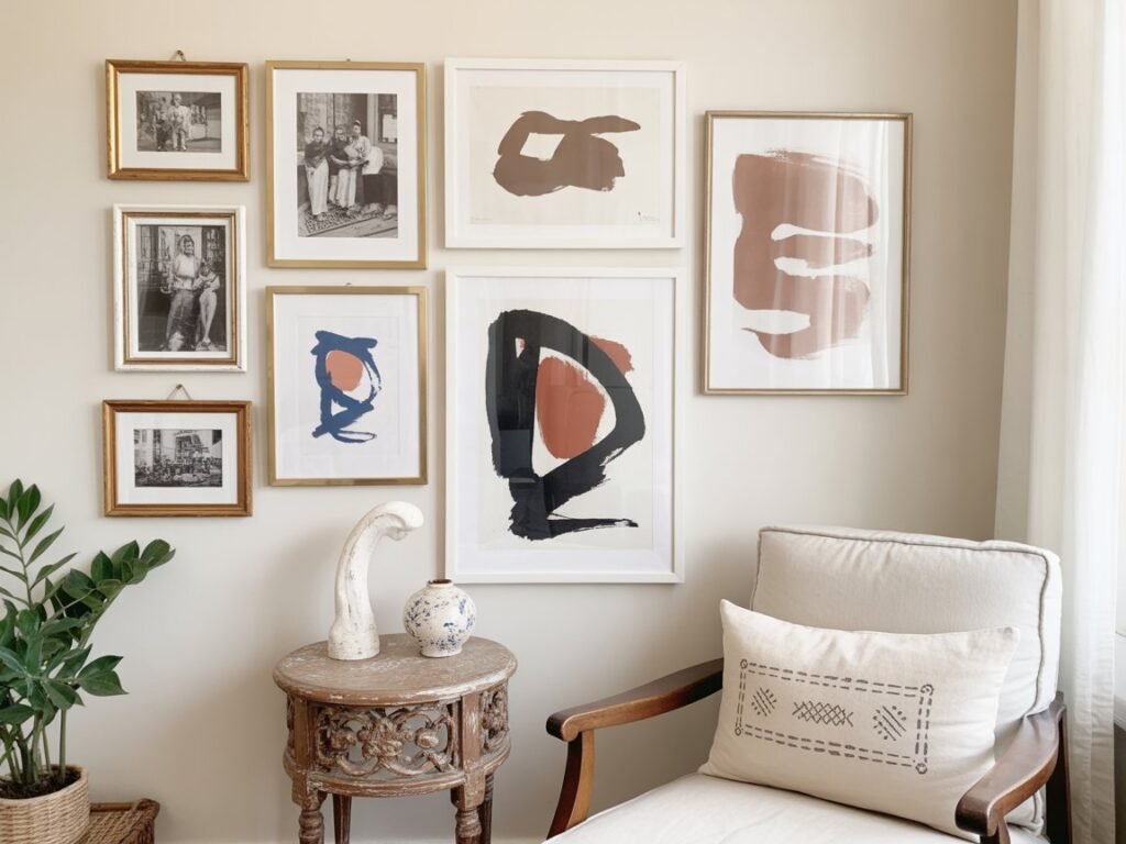 Gallery wall with modern and vintage art in bright room