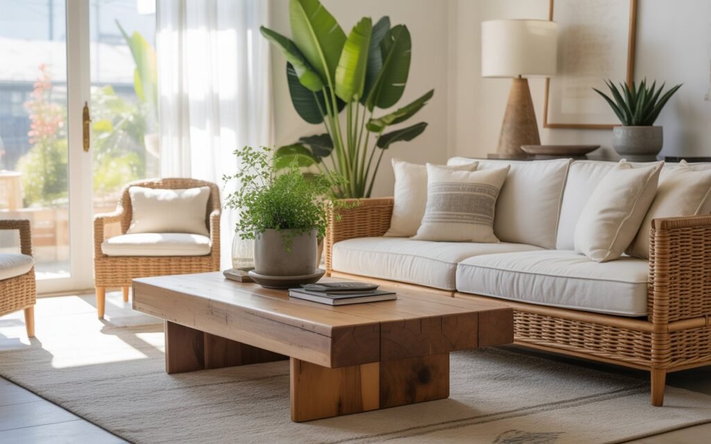 Bright Modern Sustainable Living Room Decor Modern living room with reclaimed wood coffee table, organic sofa, and natural light.