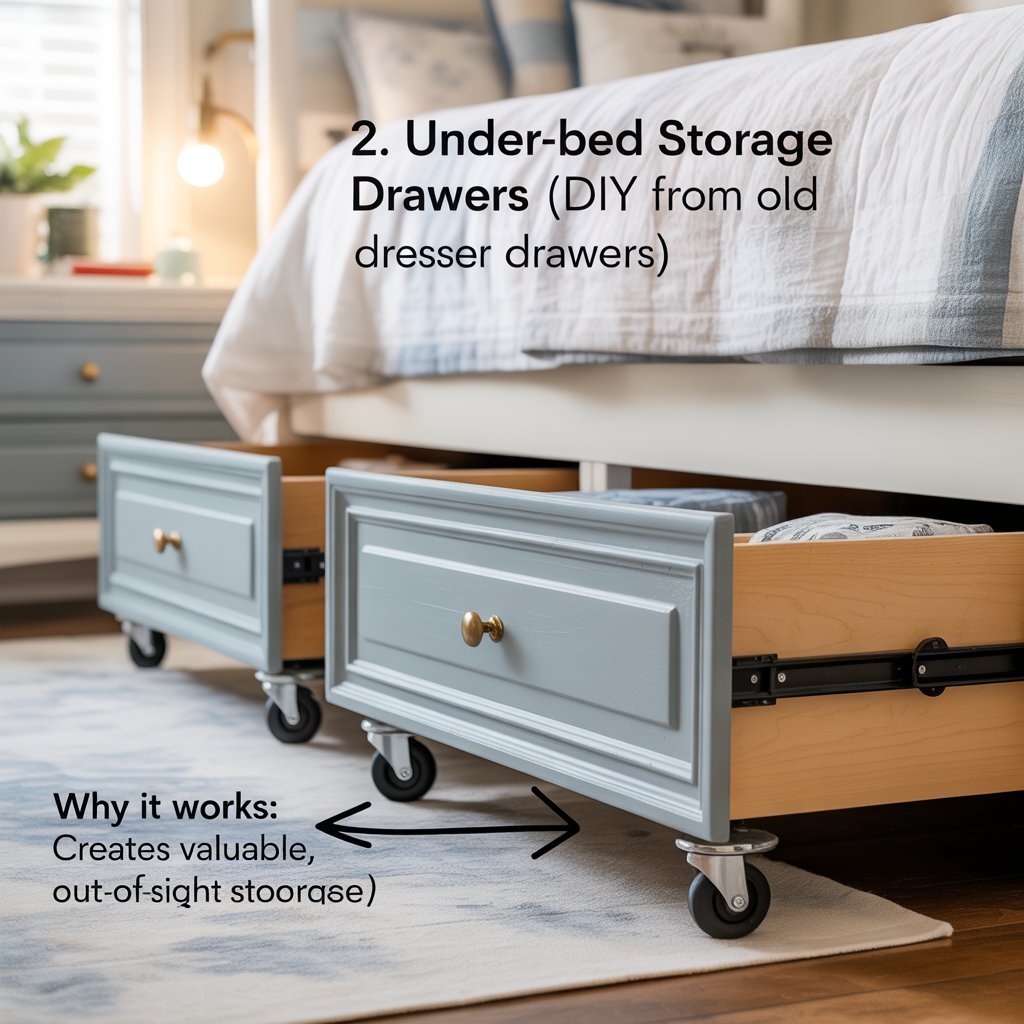 Repurposed dresser drawers with wheels for under-bed storage in a bedroom.