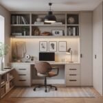 Small home office corner with desk, shelves, and cabinets in a bright room.