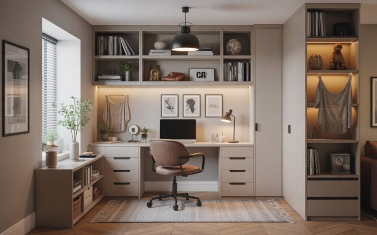 Small home office corner with desk, shelves, and cabinets in a bright room.