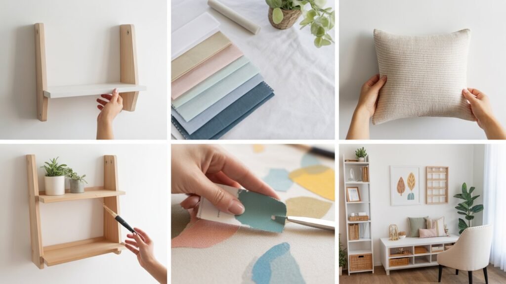 A collage of hands crafting shelves, painting wood, and arranging decor in soft natural light.