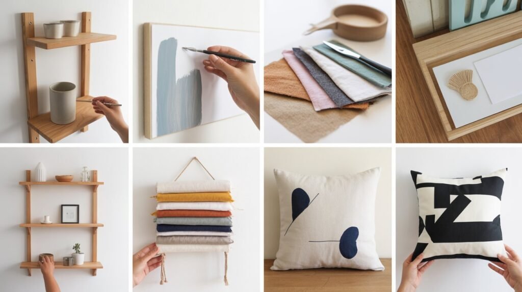 Minimalist DIY Home Decor Ideas A collage of minimalist DIY projects including wall shelves, abstract art, and handmade pillows.