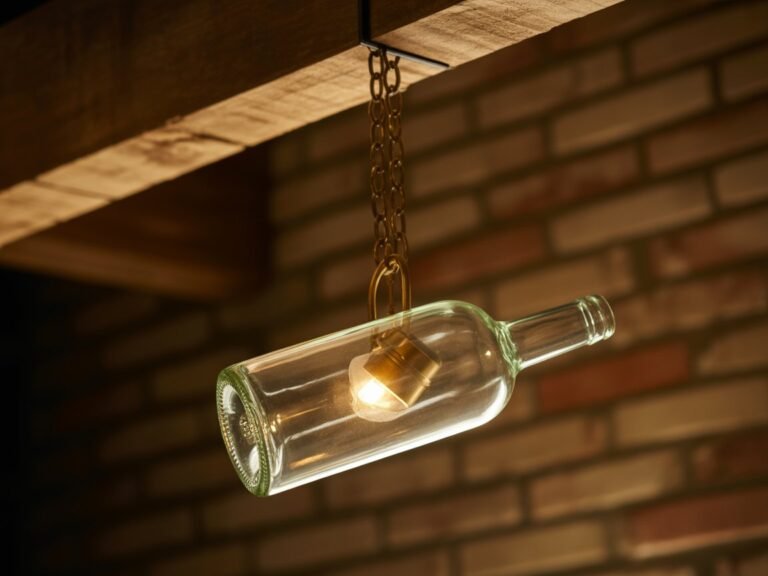 Hanging light fixture made from a repurposed glass bottle, blending rustic style and upcycling.