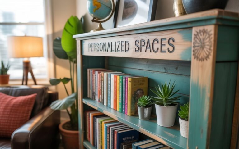 Reading nook with bookshelf and cozy textures