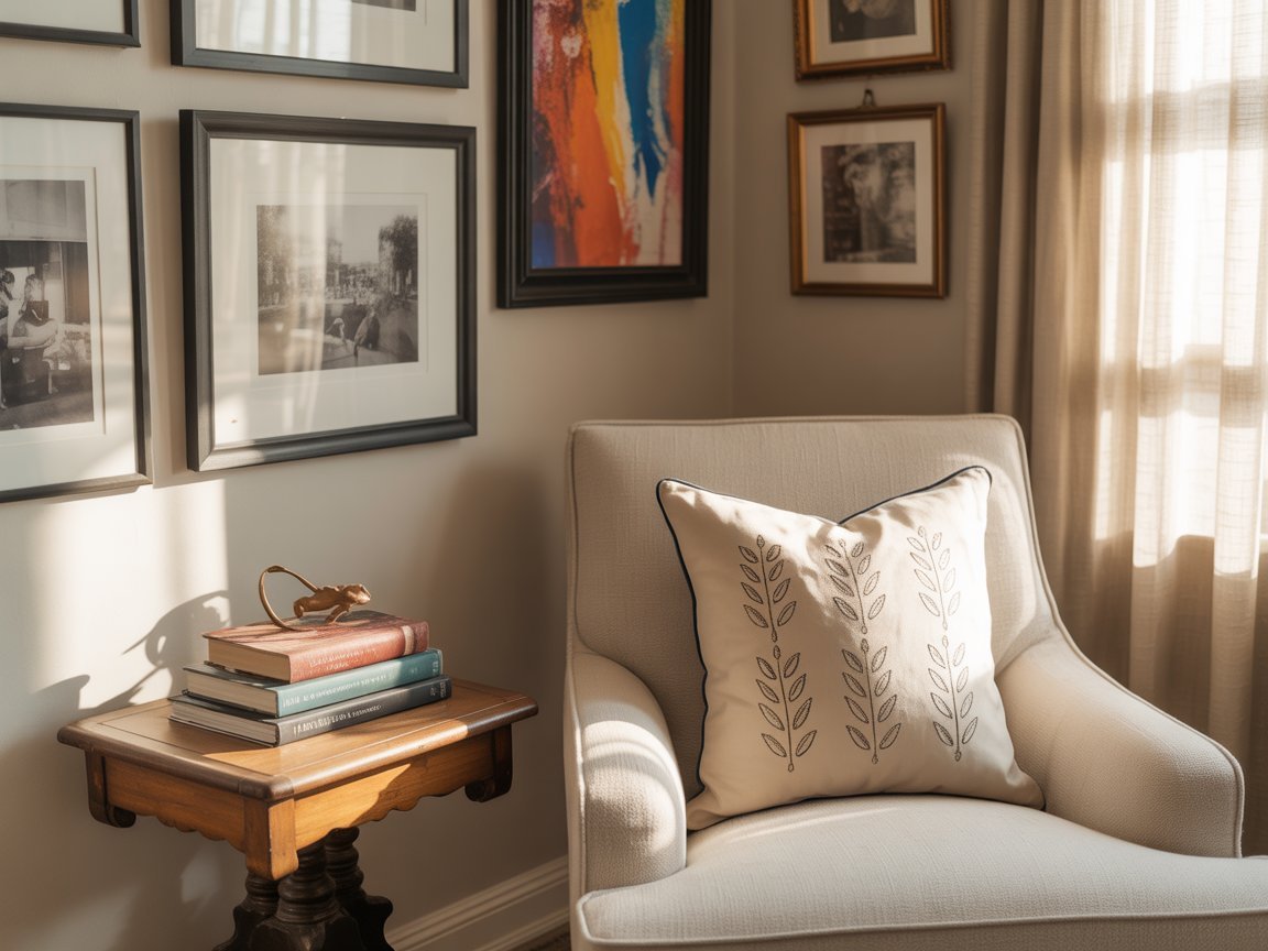 Armchair in cozy space with framed art and throw pillow