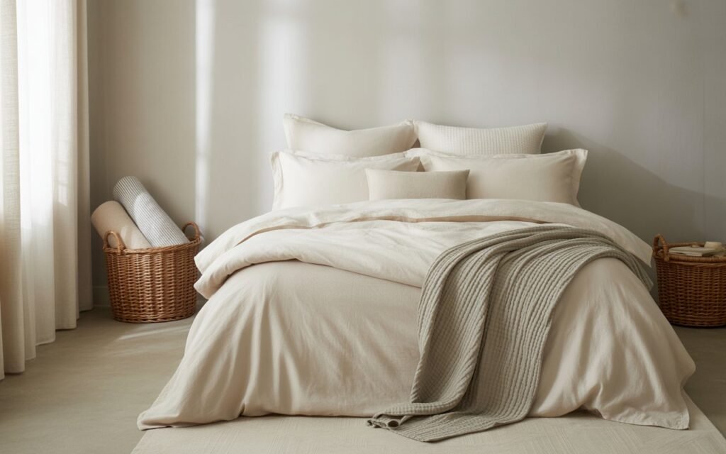 Neutral Layered Japandi Bed A neutral‐tone layered bed with beige linens and a knitted throw