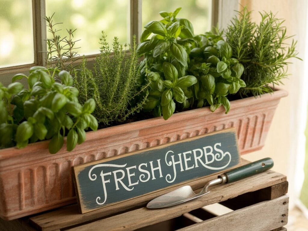 Wooden planter box with fresh herbs and “Fresh Herbs” sign